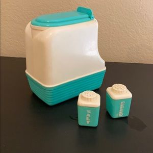 Vintage Cream/Blue water jug, salt/pepper shakers